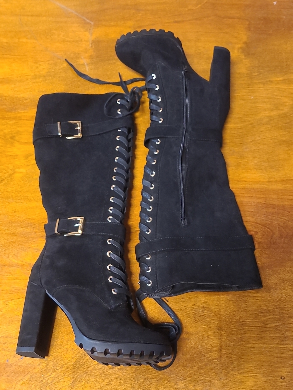 NWOT Shoe Dazzle Black Suede Lace-Up Knee Boots with Buckles